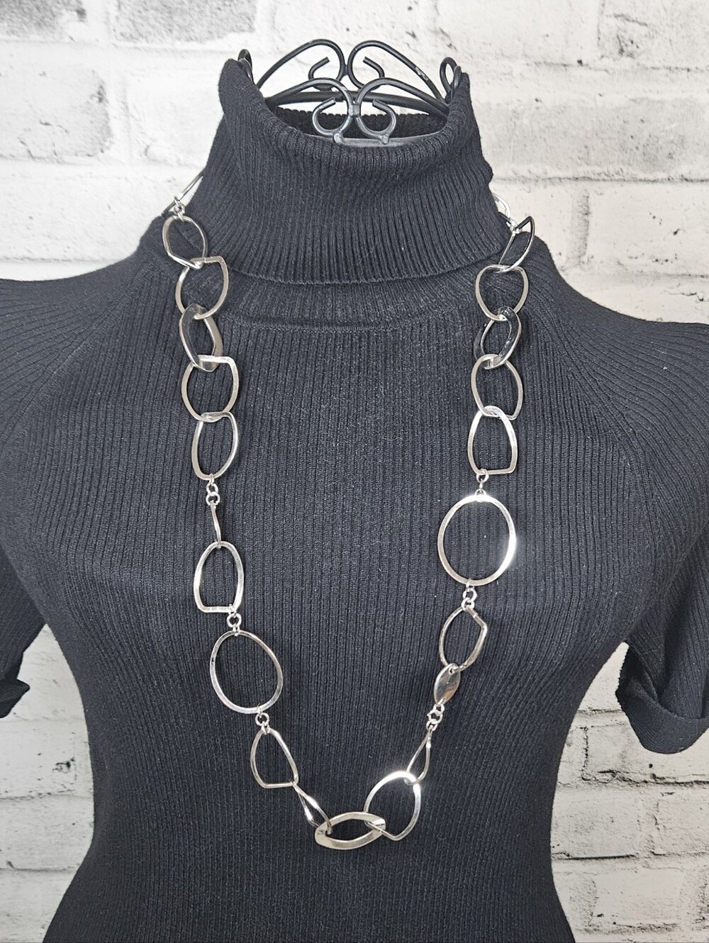 Silver Tone Hammered Open Link Chain Long Geometric Statement Necklace